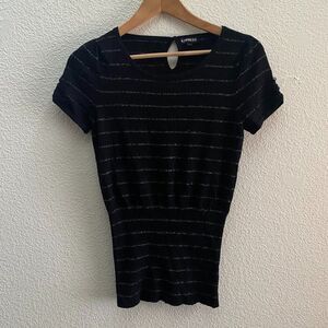 Express Striped Keyhole Back Button Accent Metallic Stripe Blouse Top Small